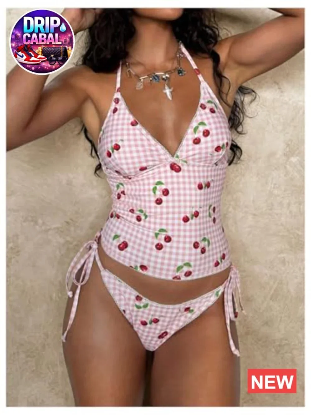 Gingham Bow Halter Neck High Waisted Tankini Swimwear Set